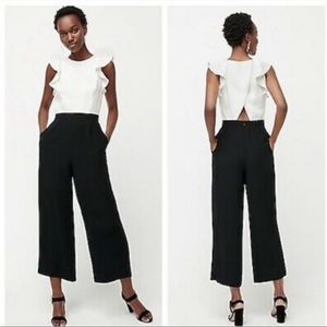 J. Crew Womens Ruffle Sleeve Wide Leg Crepe Jumpsuit Ivory and Black Size OP